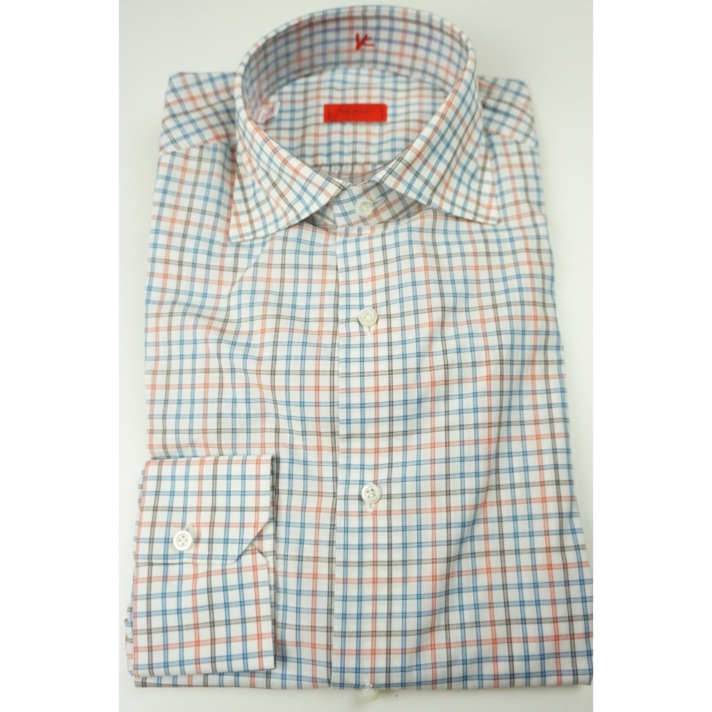 Isaia Napoli Multicolor White Plaid Long Sleeve Cotton Dress Shirt 15.5/39 New